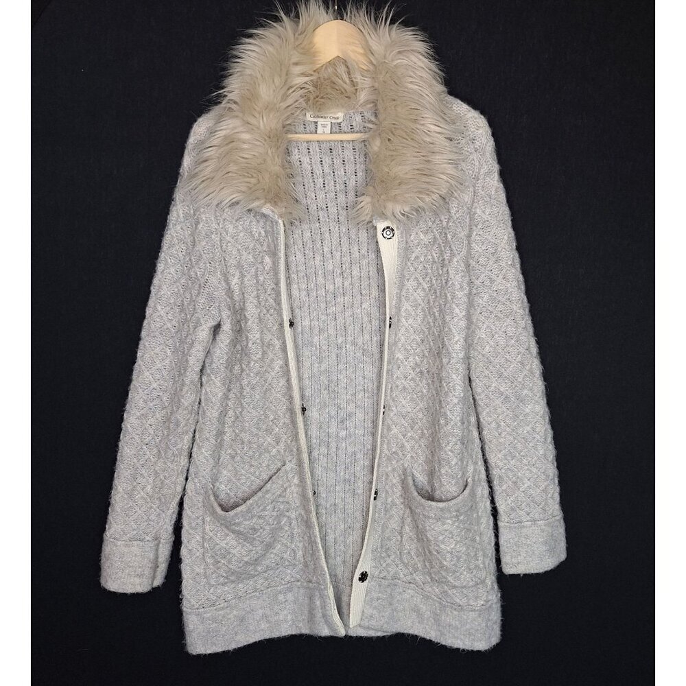 💙 Coldwater Creek Thick Knit Cardigan Jacket Faux Fur Size L Warm Cozy Chic Cab